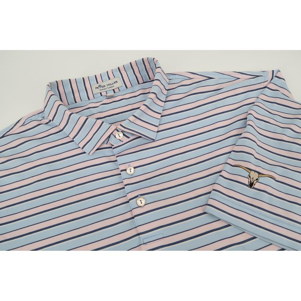 Peter Millar Summer Comfort Polo Mens XL Blue Pink Striped Skull Bulls Bay Golf